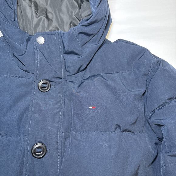 Tommy Hilfiger Mens Large Puffer Jacket Hooded Winter Coat Logo Patch Navy Blue - Picture 2 of 16